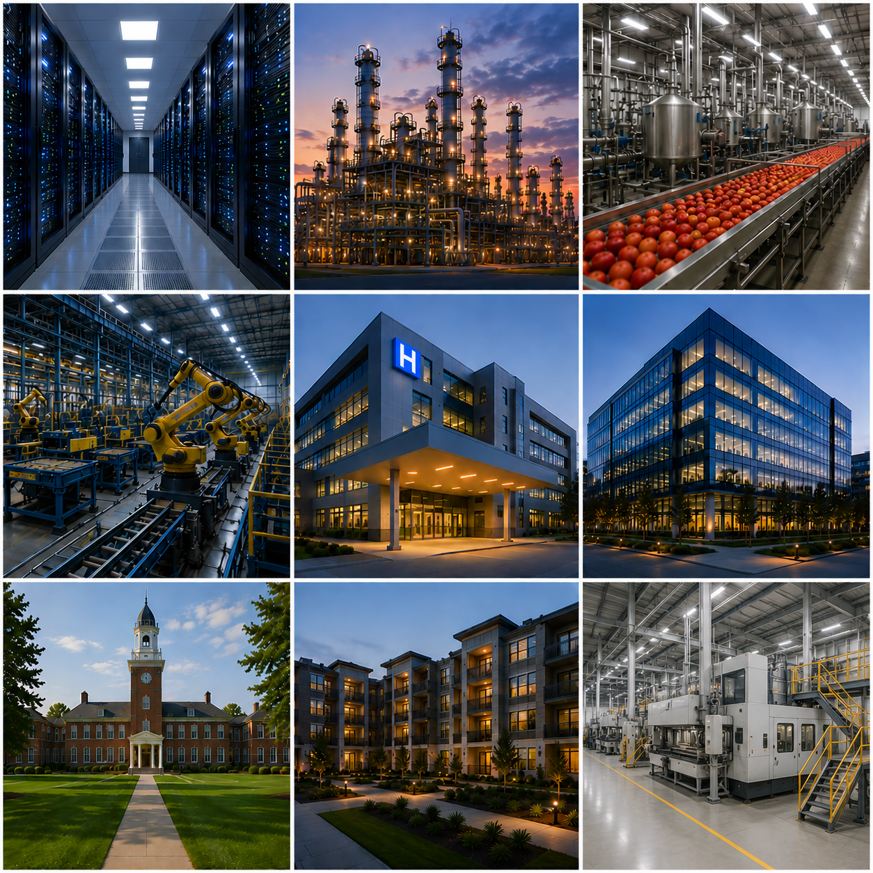 Collage of industries OBR serves. Hospitals, industrial facilities, campuses, data centers, industrial building and more